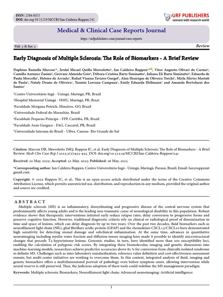 Early Diagnosis of Multiple Sclerosis: The Role of Biomarkers - A Brief ...