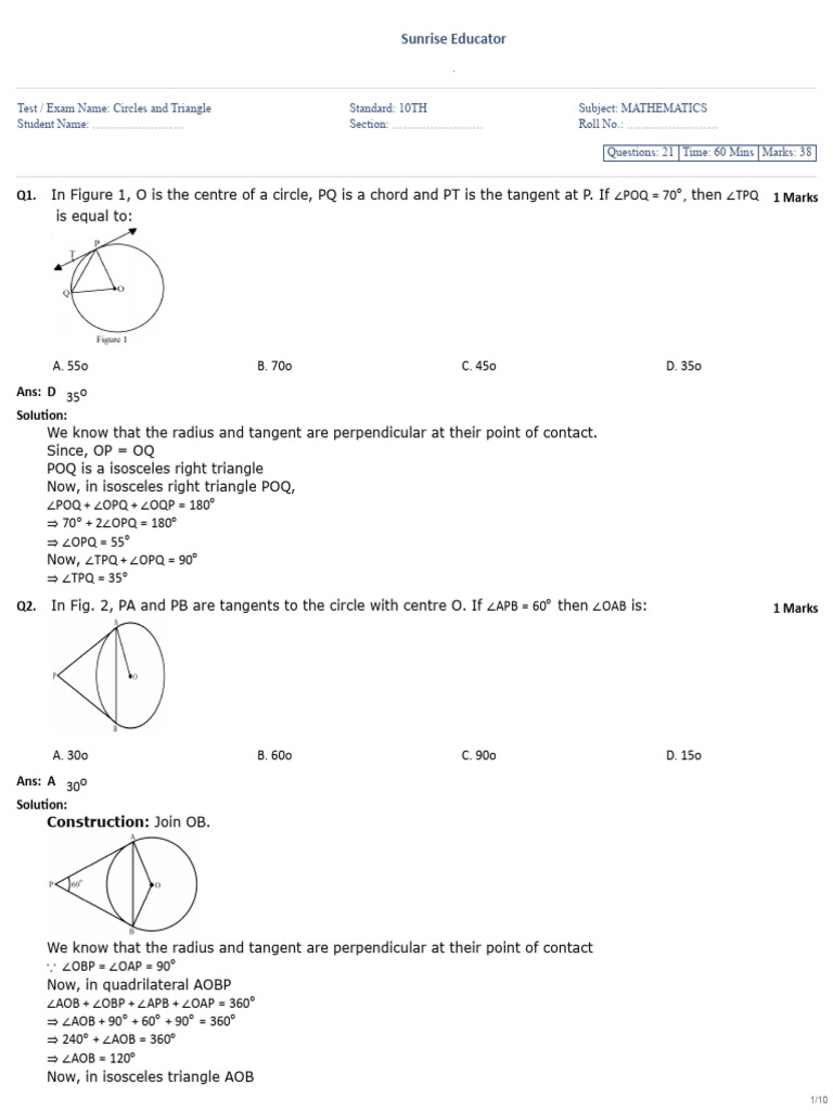 Circles and Triangle 10TH MATHEMATICS Answersheet | PDF | Circle ...