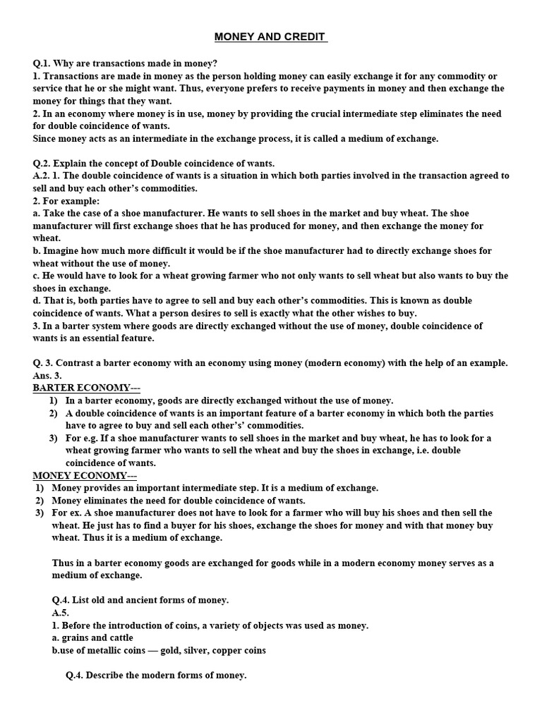 Money and Credit Question Answers | PDF | Loans | Money
