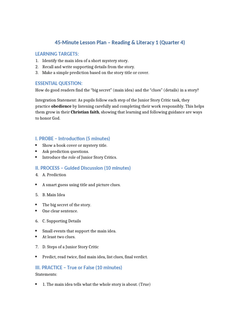 Reading Literacy1 LessonPlan | PDF