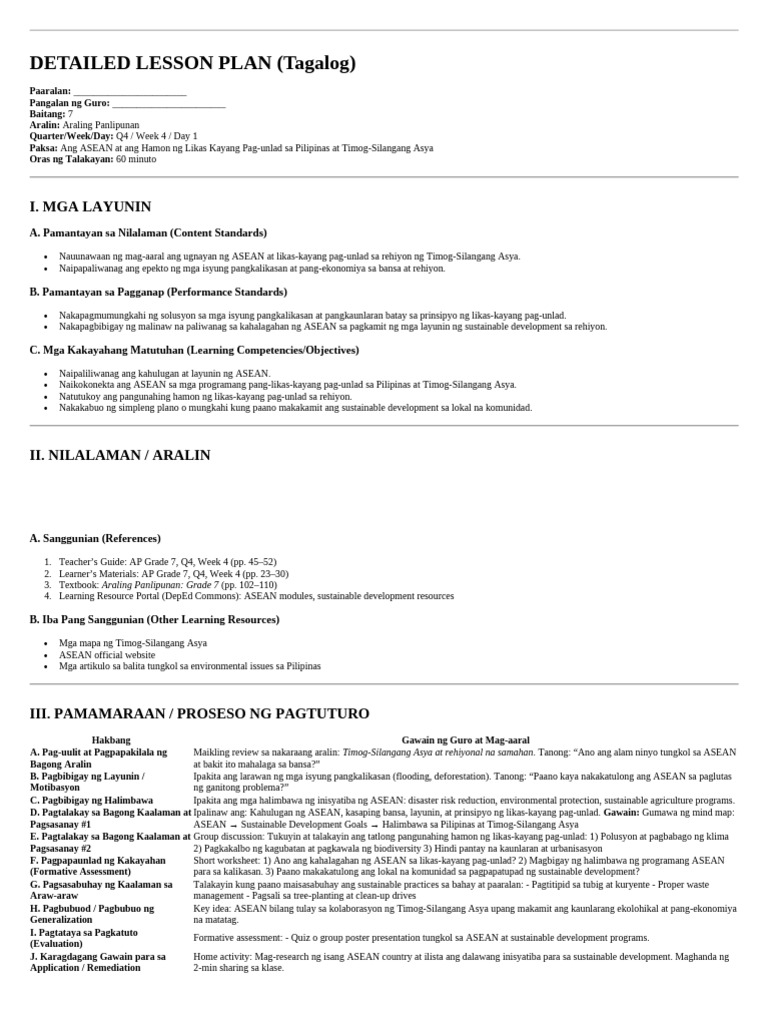 Detailed Lesson Plan (Tagalog) : I. Mga Layunin | PDF