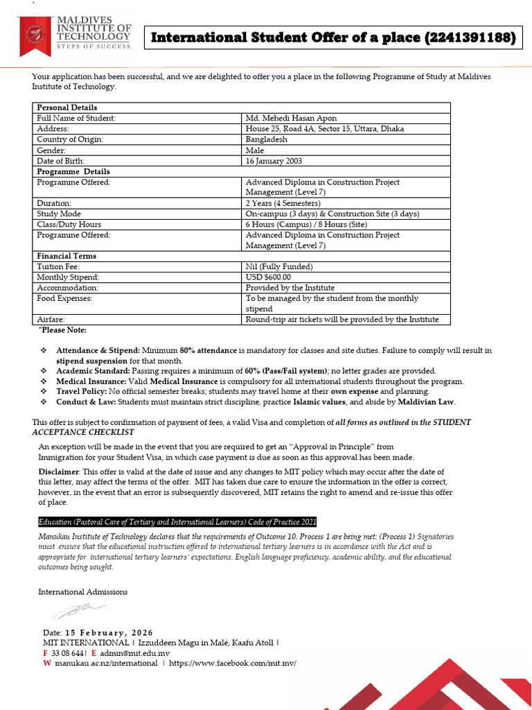 MIT, Maldives Offer Letter | PDF | Fee