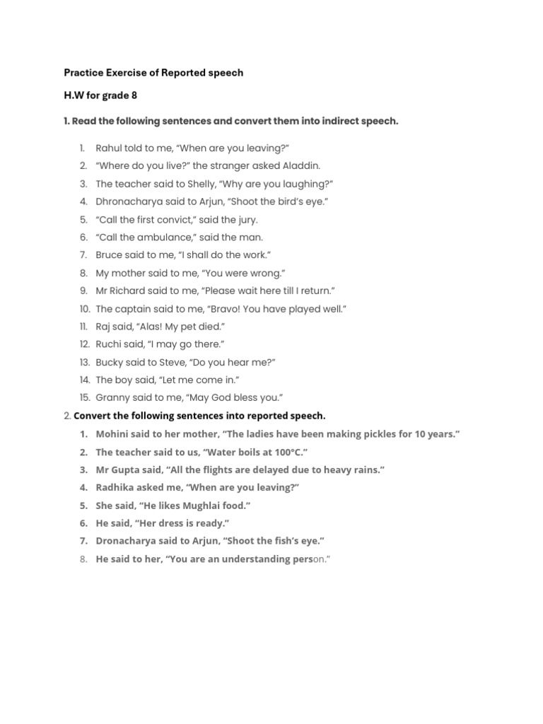 Practice Exercise of Reported Speech Grade 8 | PDF