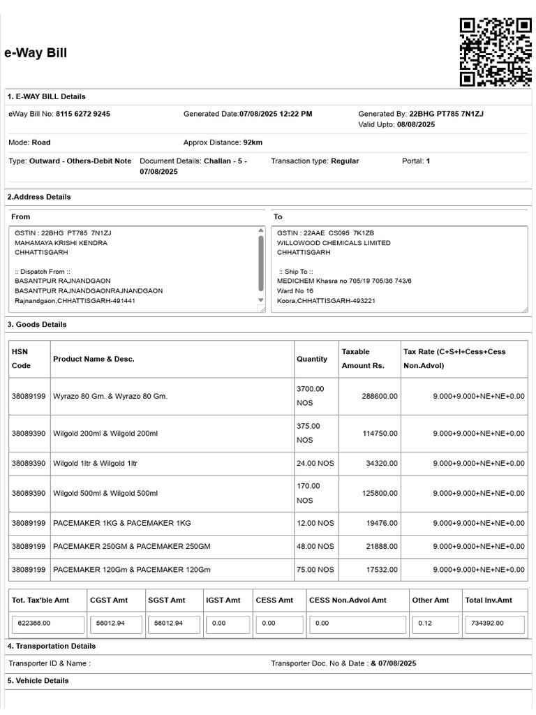 E-Way Bill System - Willowood07082025 | PDF