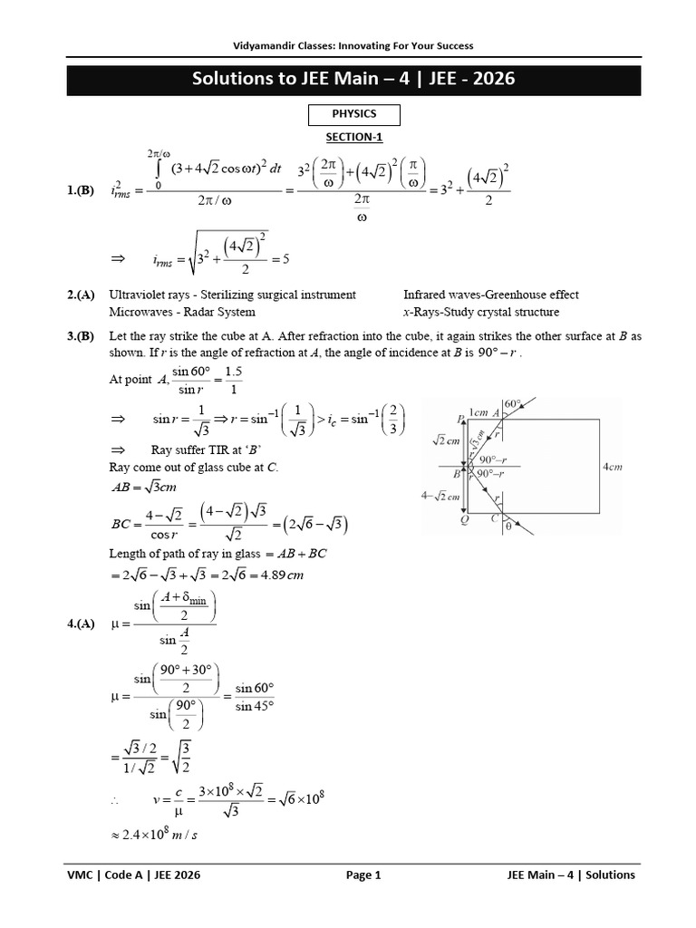 JEE Main - 4 2026 Solutions | PDF | Ligand | Optics