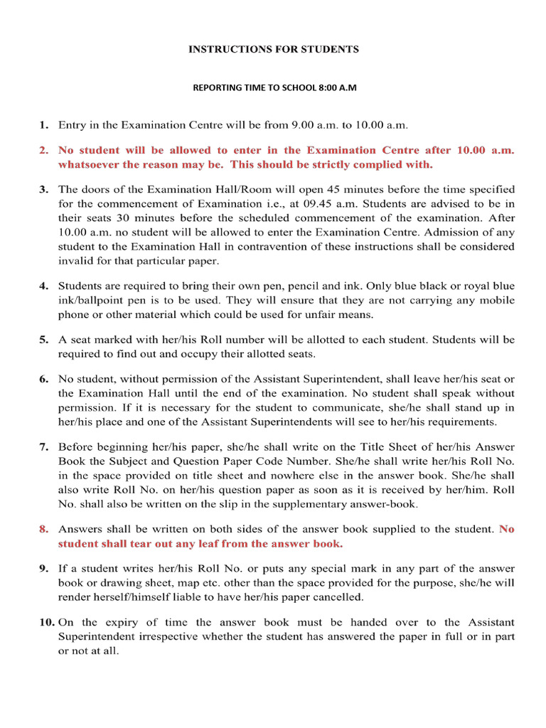 Instructions for Students - Board Examination | PDF