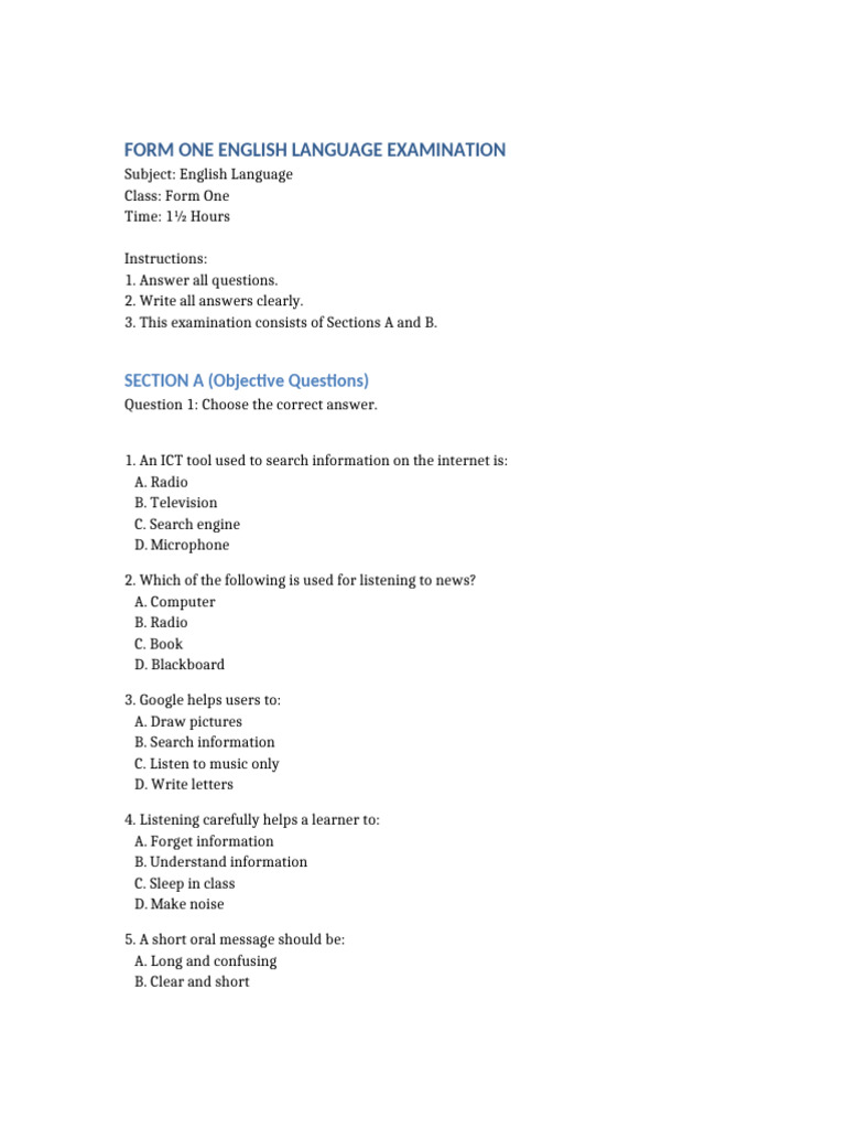 Form One English Examination Complete | PDF