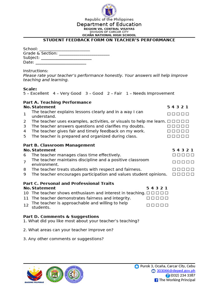 Feedback Questionnaire for Teachers Performance | PDF | Teachers ...