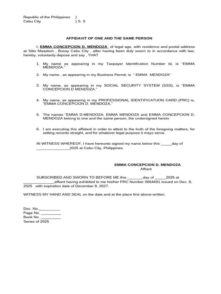 Affidavit of One of The Same Person | PDF
