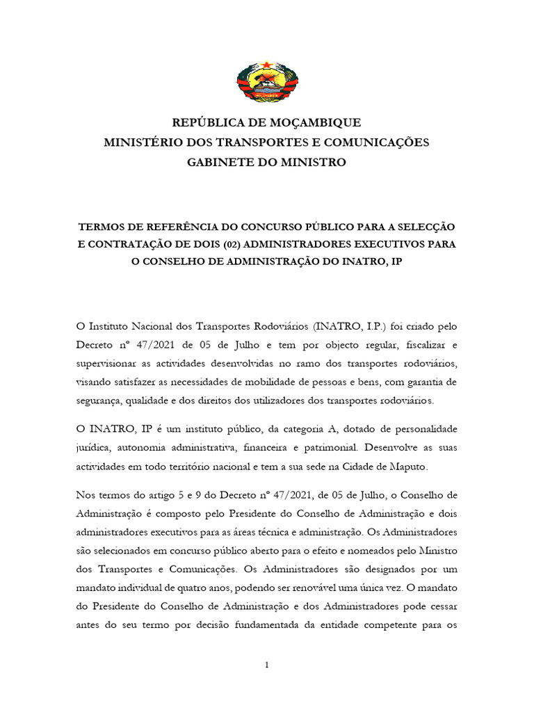 TOR para o Concurso de Administradores Do INATRO 2021 | PDF | Ministros ...