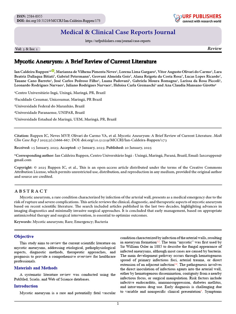 Mycotic Aneurysm: A Brief Review of Current Literature | PDF ...