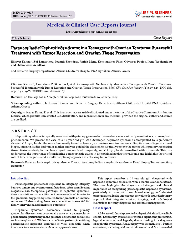 Paraneoplastic Nephrotic Syndrome in a Teenager with Ovarian Teratoma ...