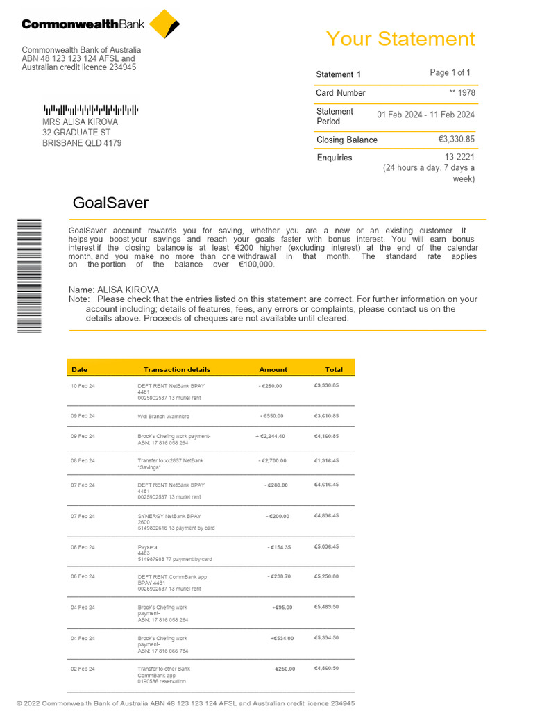 Commonwealth Bank of Australia Statement | PDF | Credit Card | Payments