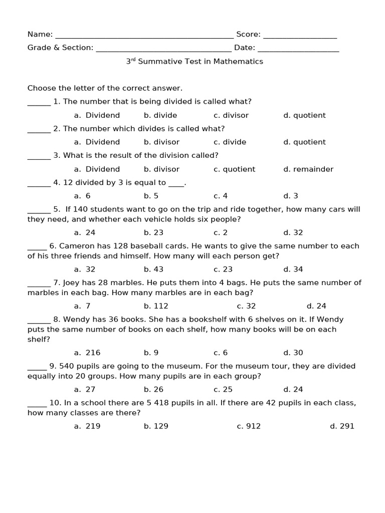 3rd Summative Test - Math-Q2 | PDF | Division (Mathematics) | Chess ...