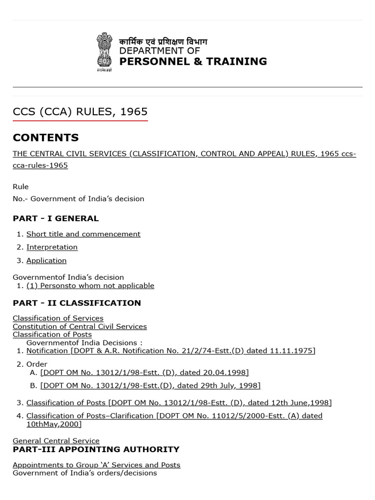 Contents of Ccs (Cca) Rules, 1965 | PDF | Government | Public Law