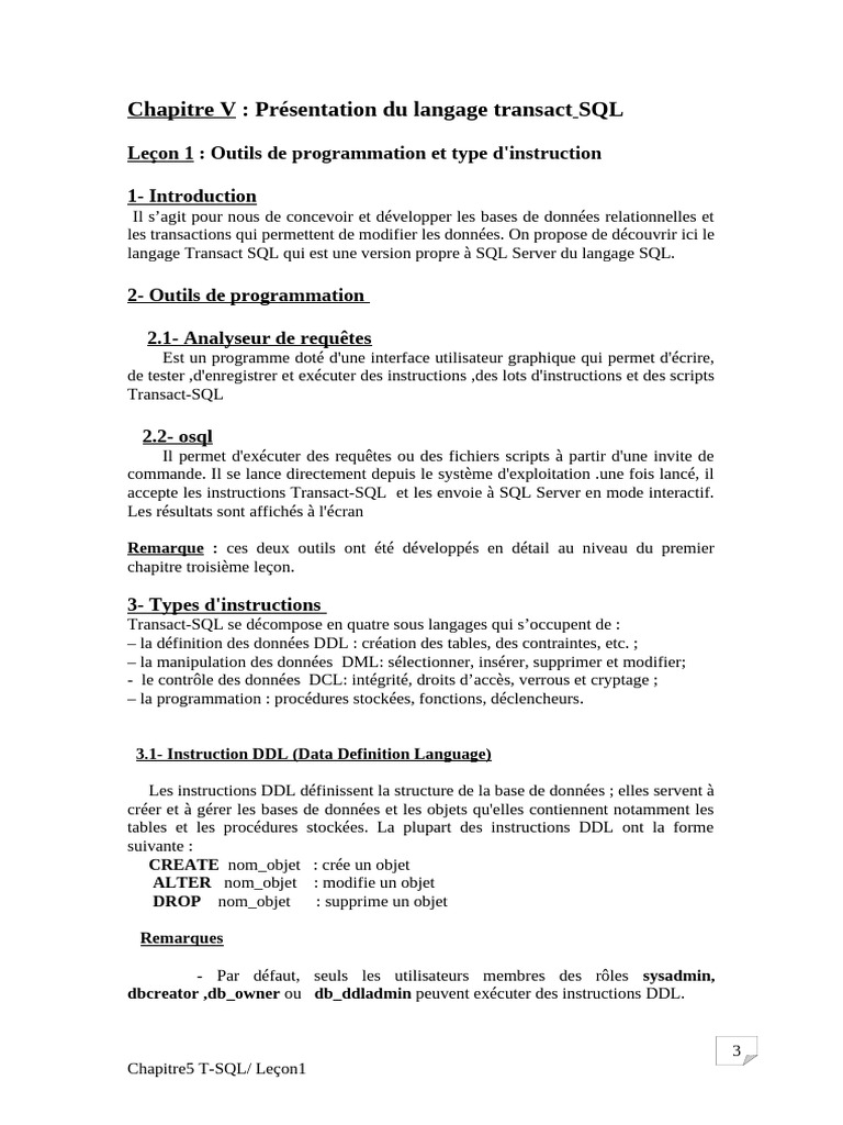 J - Chapitre 5 Transact Lecon1 | PDF | SQL | Microsoft SQL Server