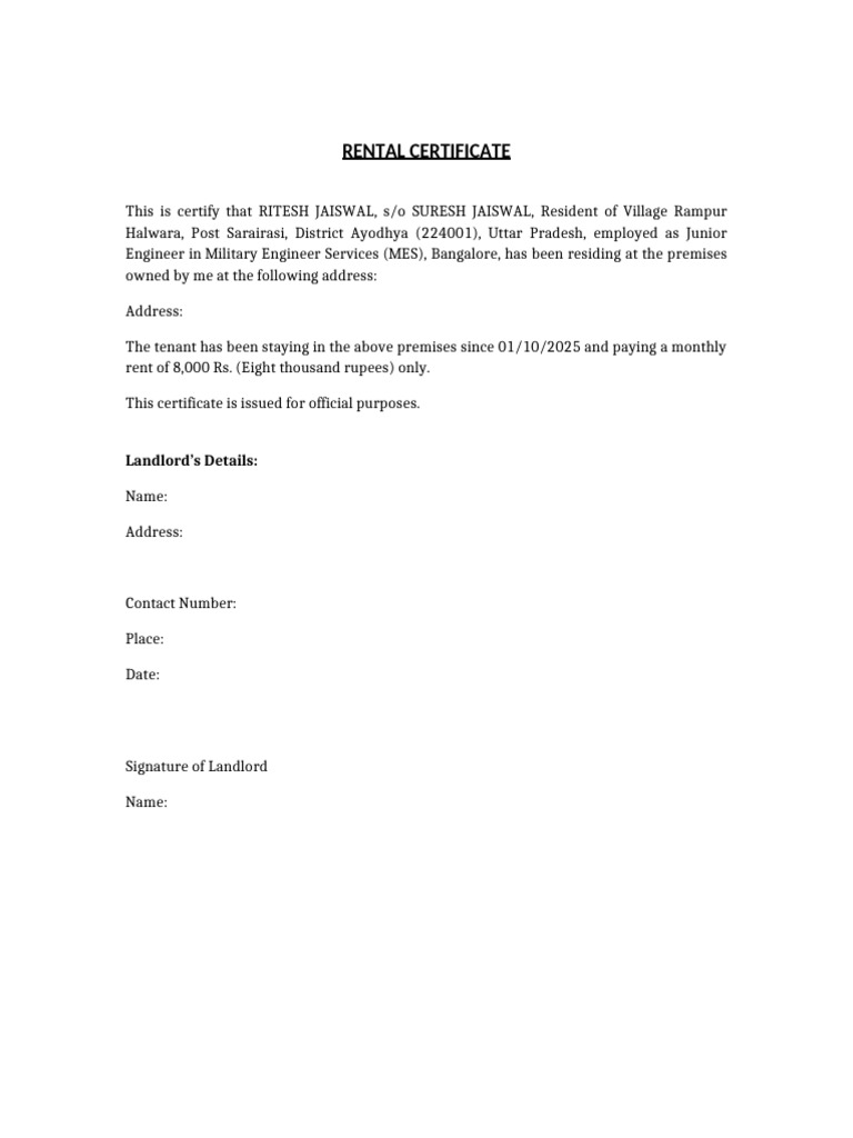 Rental Certificate | PDF