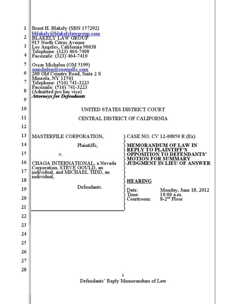 Masterfile vs. Chaga: Memorandum of Law in Reply To Plaintiff's ...