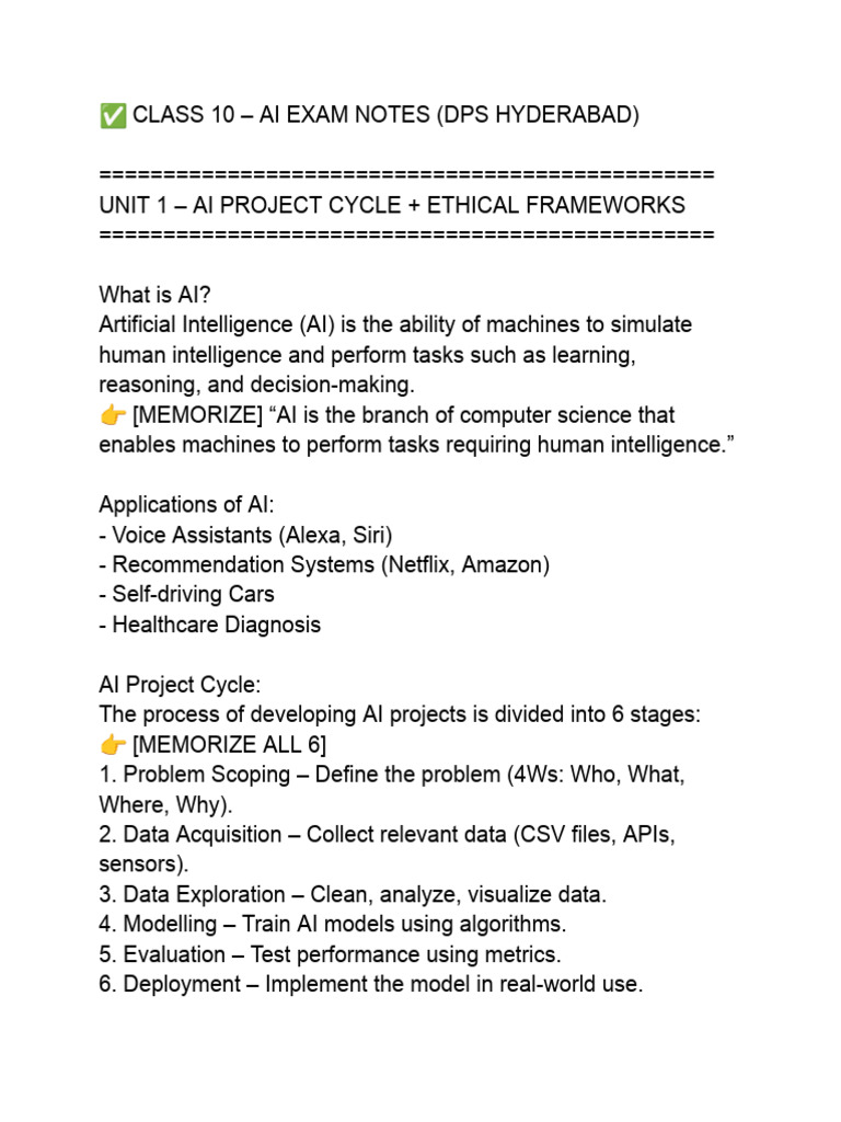 Class 10 - Ai Exam Notes (DPS Hyderabad) | PDF | Artificial ...