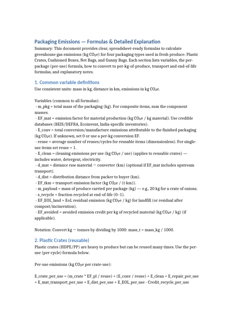 Packaging Emissions Formulas | PDF | Reuse | Recycling