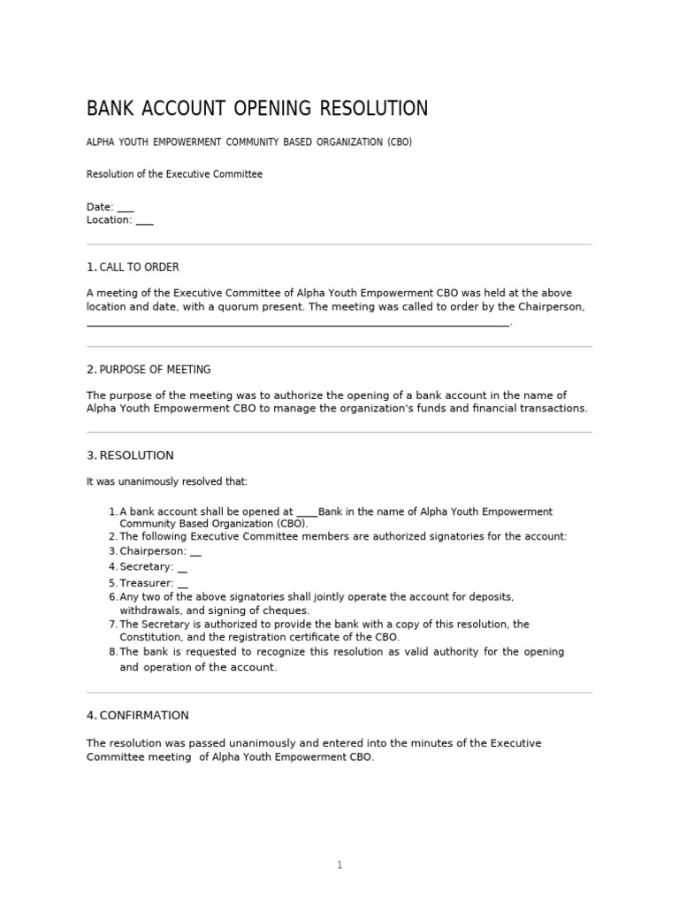 Alpha Youth Empowerment Cbo - Bank Account Opening Resolution | PDF