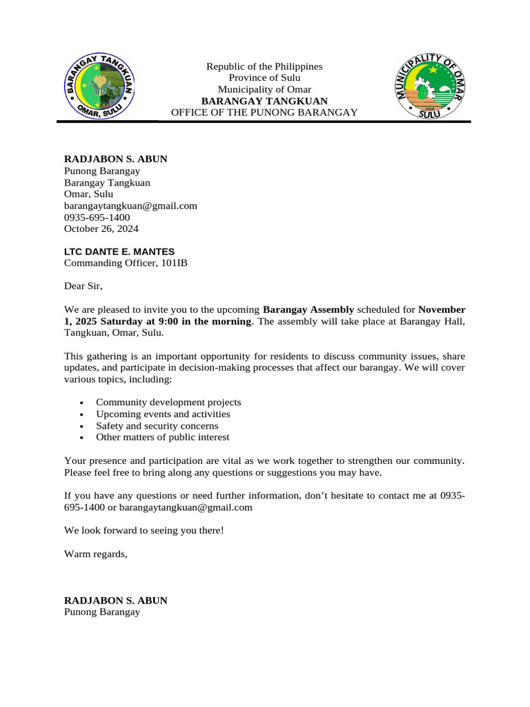Invitation Letter For Barangay Assembly | PDF