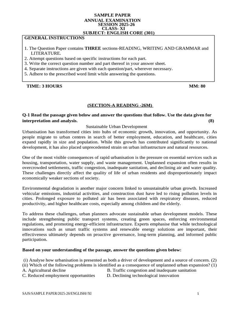 SAMPLE PAPER-English Class XI Annual Exam 2025-26 | PDF | Agriculture ...