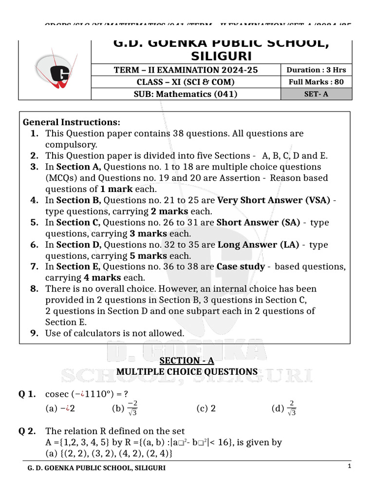 Mathematics Term - 2 Xi (Set - A) | PDF | Chess Theory | Chess