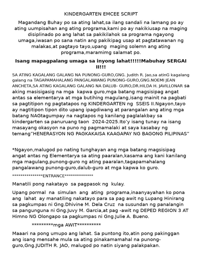 Kindergarten Emcee Script | PDF