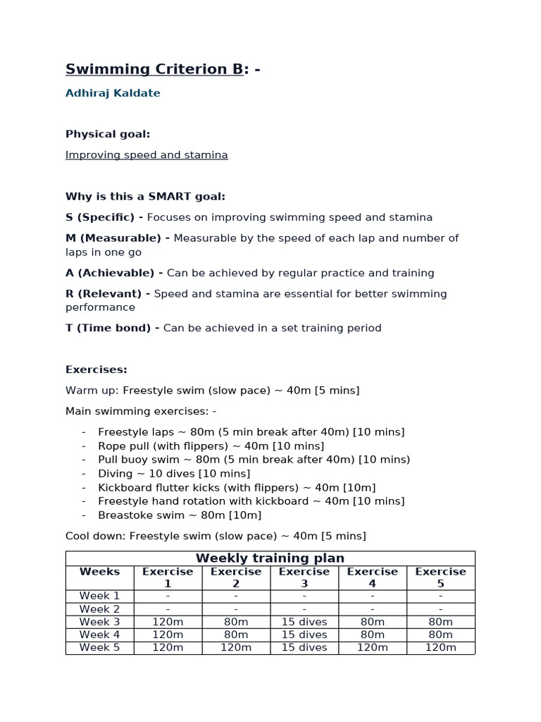 Physical Goal - Swiming Criterion B | PDF
