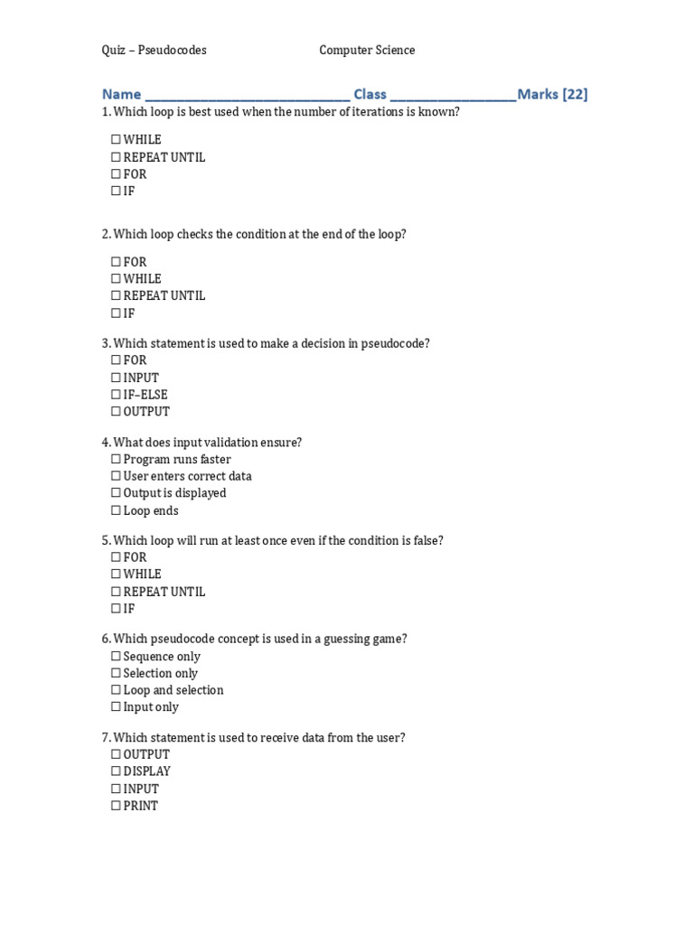 MCQ Pseudocode Quiz | PDF