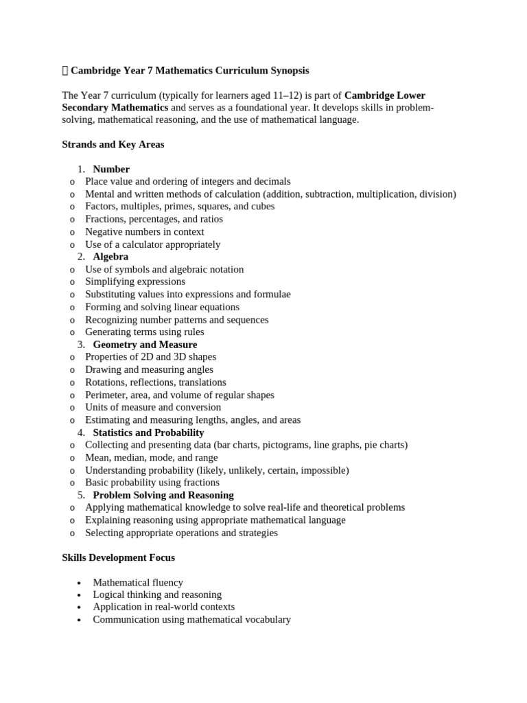 ? Cambridge Year 7 Mathematics Curriculum Synopsis | PDF | Mathematics ...