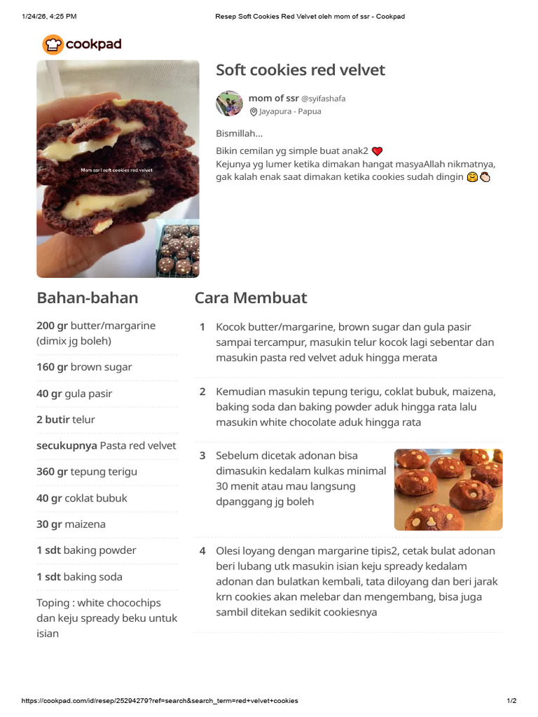 Resep Soft Cookies Red Velvet Oleh Mom of SSR - Cookpad | PDF