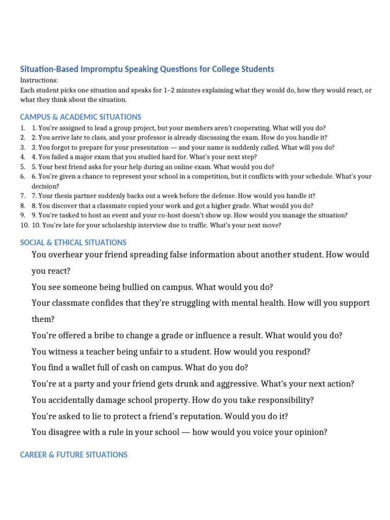 Situation Based Impromptu Questions | PDF