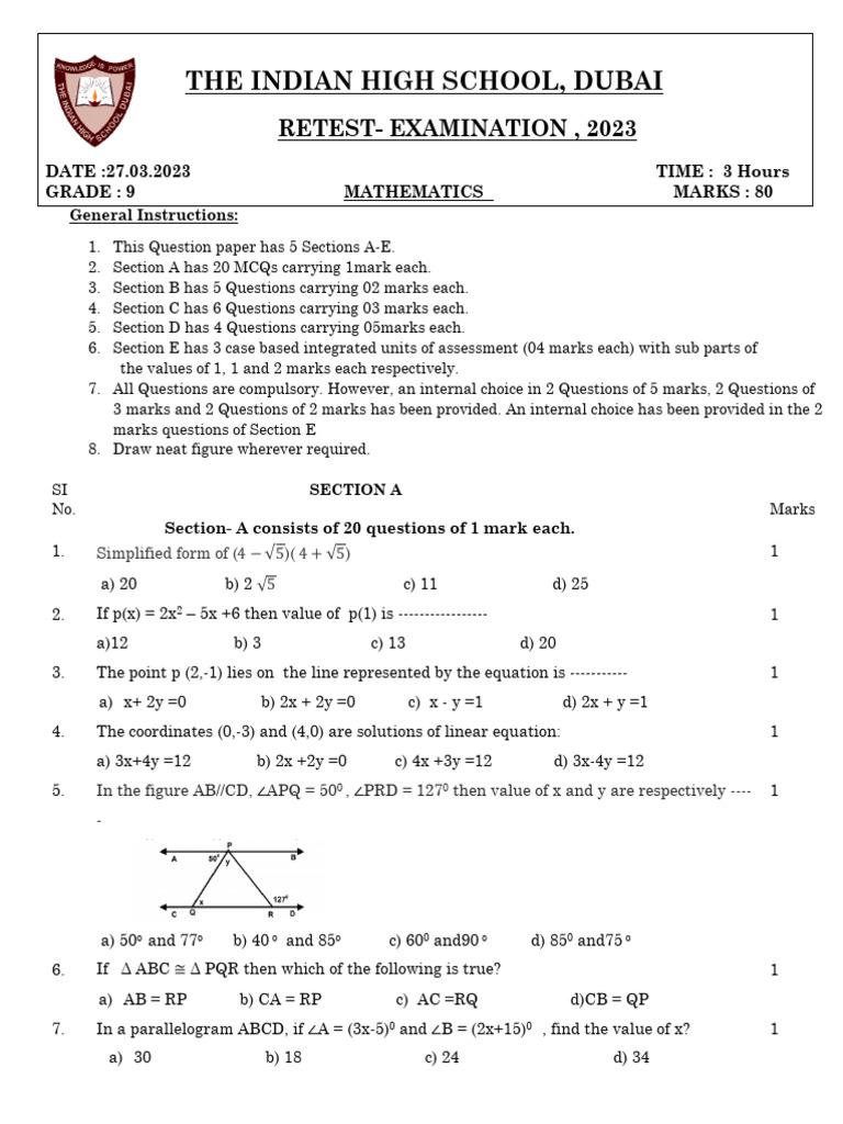 Maths ANNUAL EXAM QP - GRADE 9 | PDF | Angle | Area