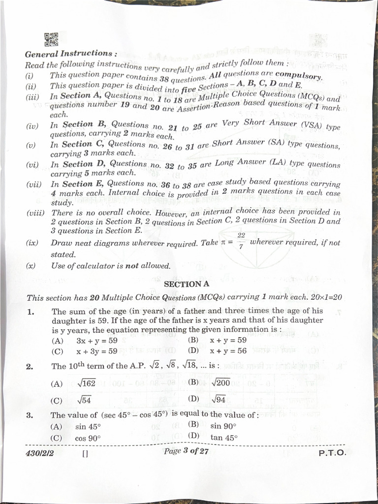 2026 Maths Grade 10 Board Paper | PDF