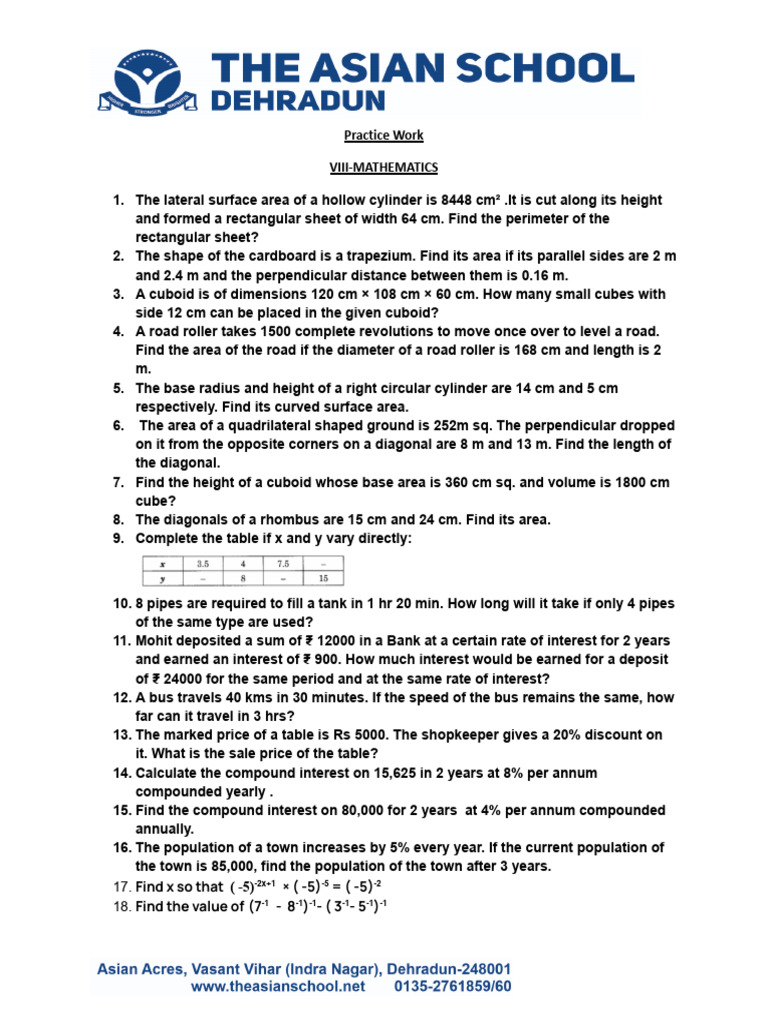 8th Mathematics Practice Work | PDF | Area | Rectangle