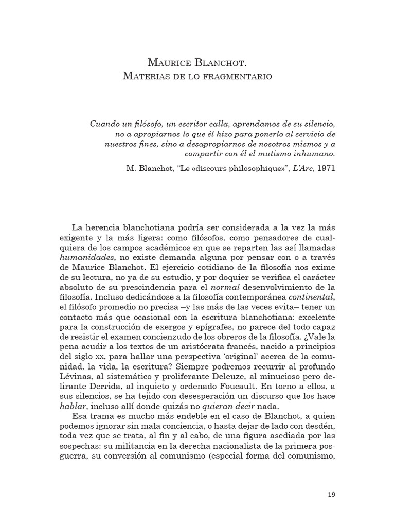Blanchot, Materias de Lo Fragmentario | PDF