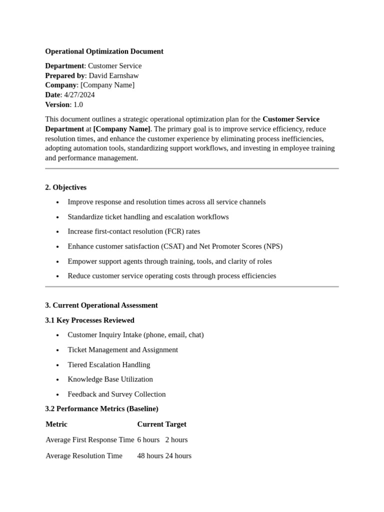 Operational Optimization Document | PDF | Customer Satisfaction ...