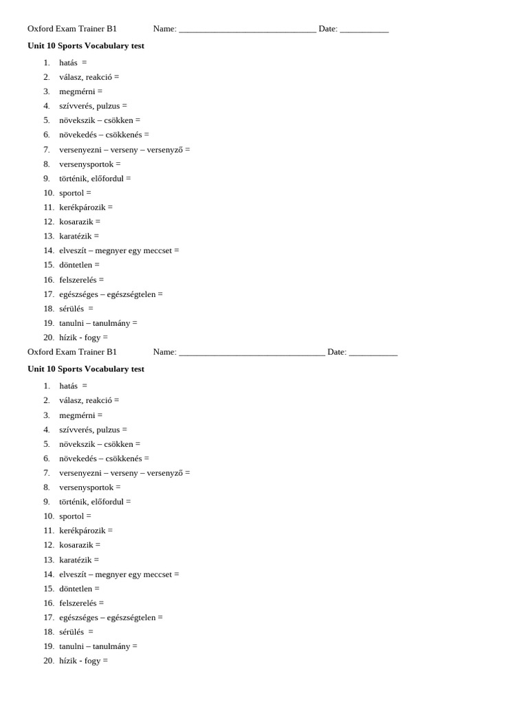 OET B1 Unit 10 Sports Vocabulary Test | PDF