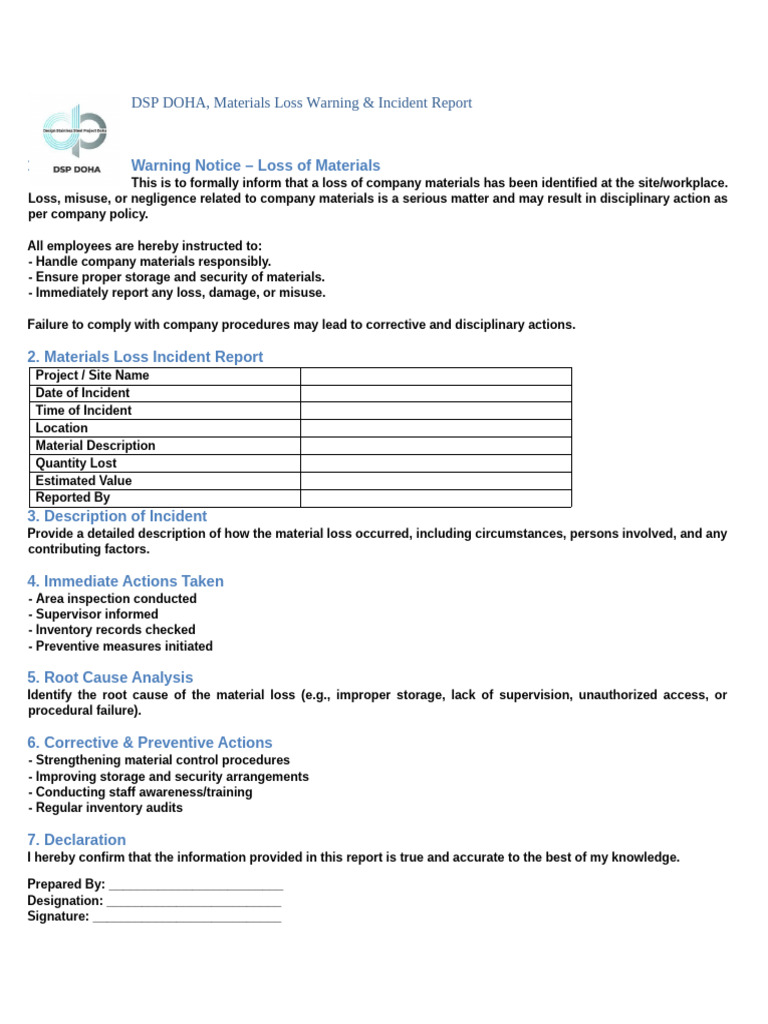 Materials Loss Warning and Report | PDF