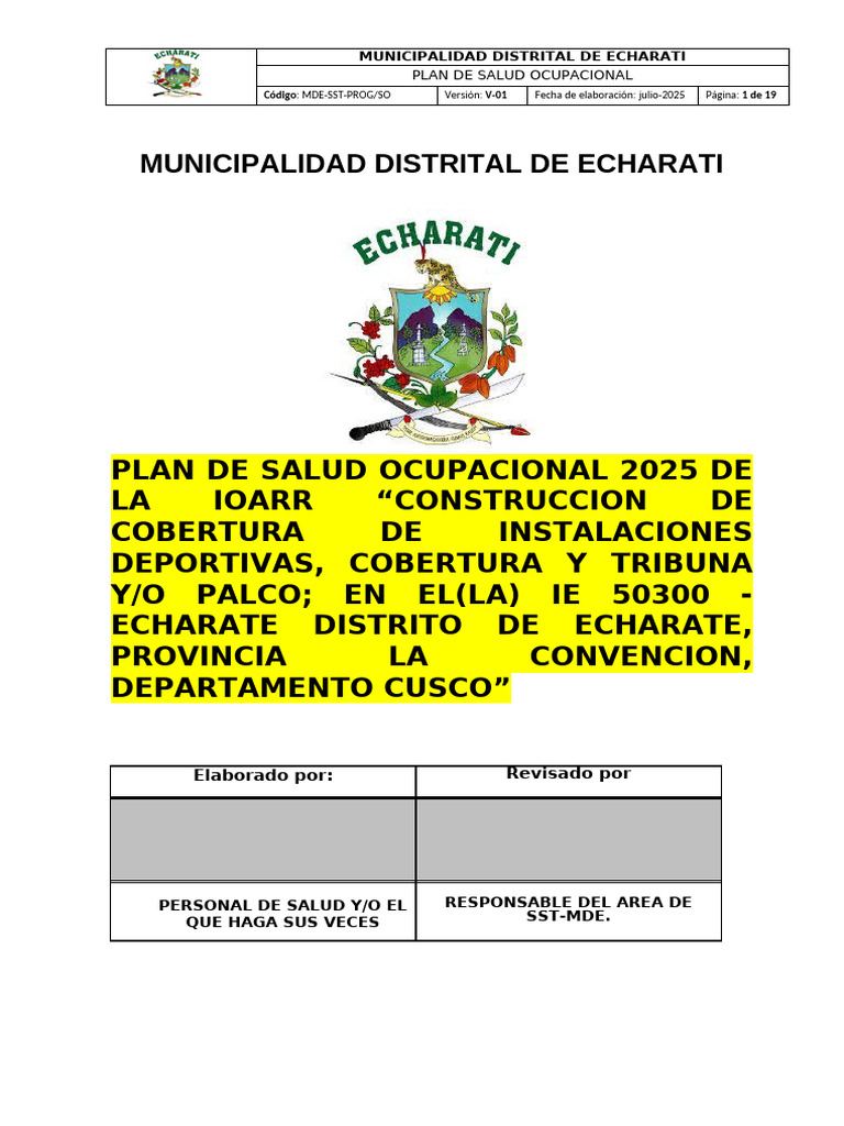 Plan de Salud Ocupacional 2025 Modelo Obras | PDF | Seguridad y salud ...