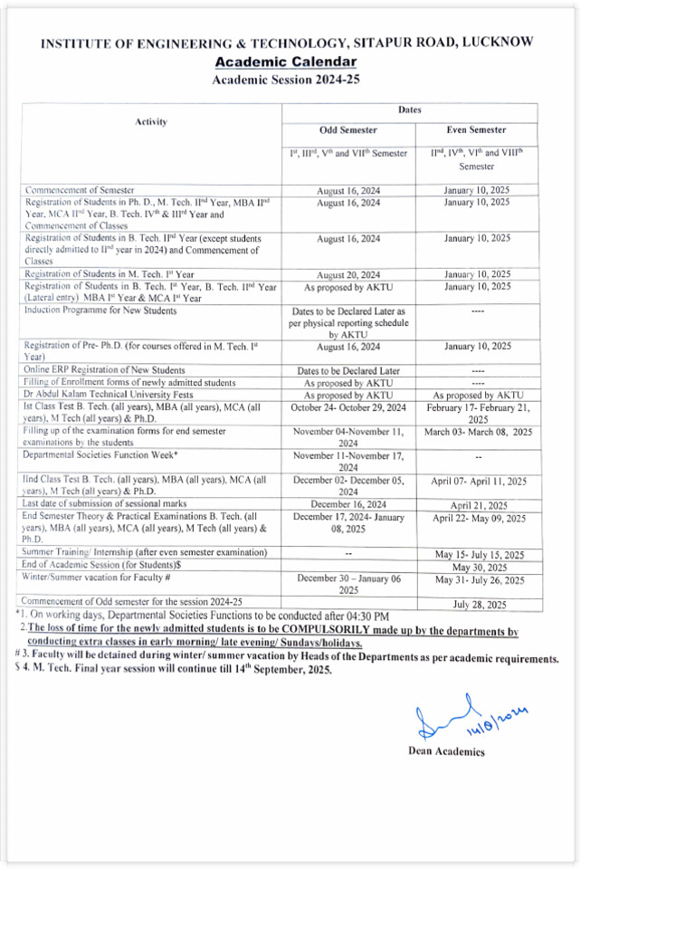 Academic Calendar 2024-25 - Institute of Engineering & Technology ...