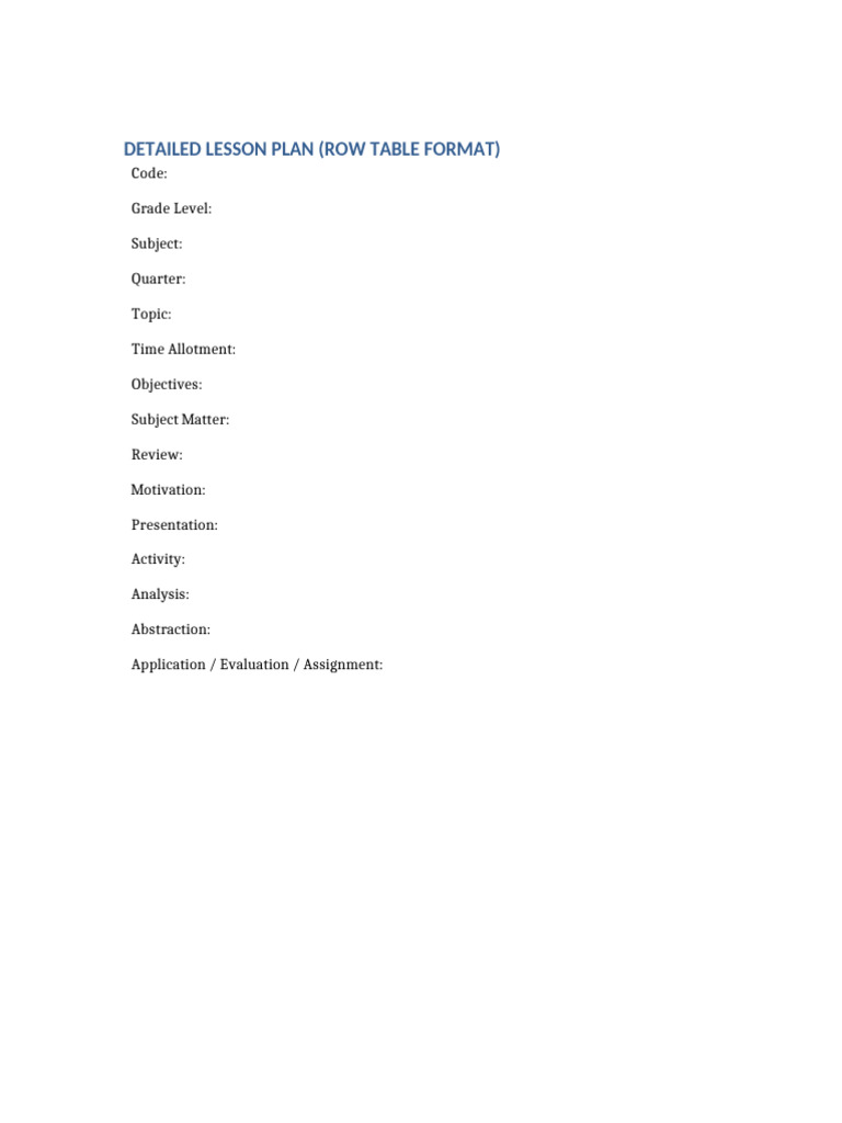 Lesson Plan Row Table Format | PDF