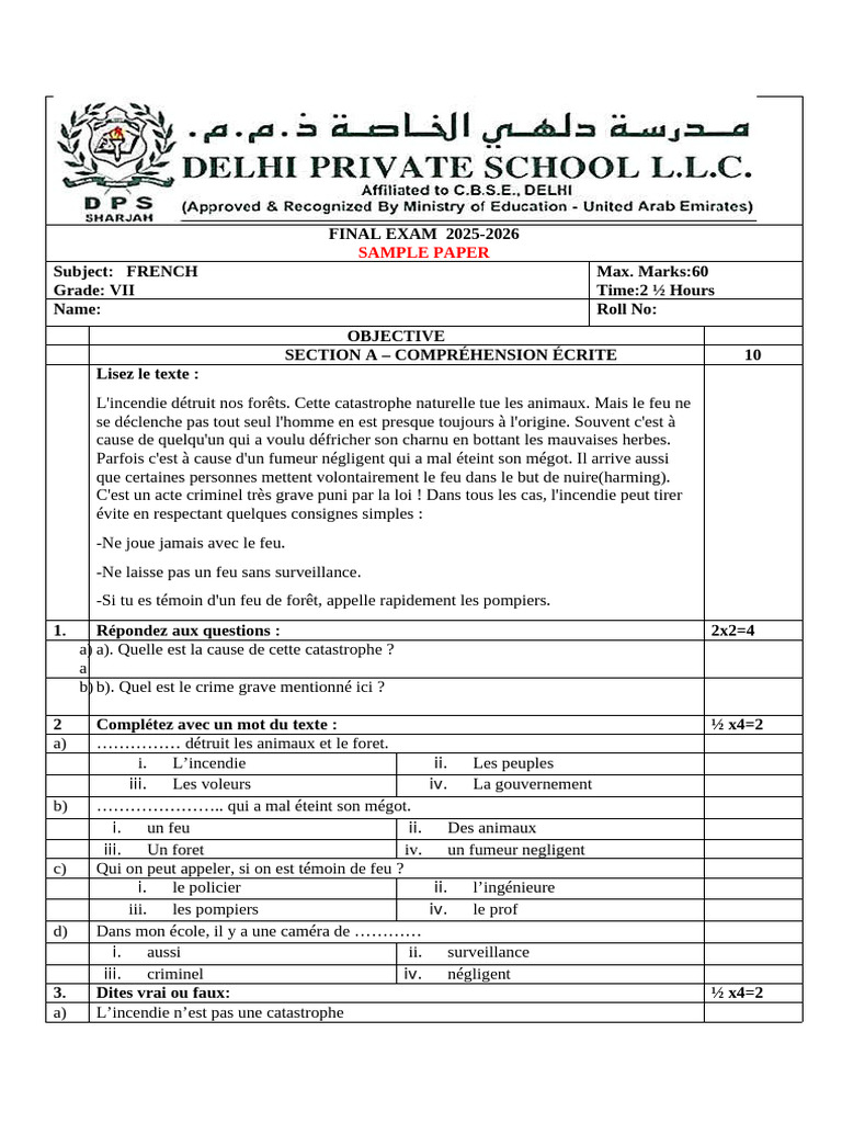 Grade 7 Final Exam Sample Paper 2025-26 | PDF