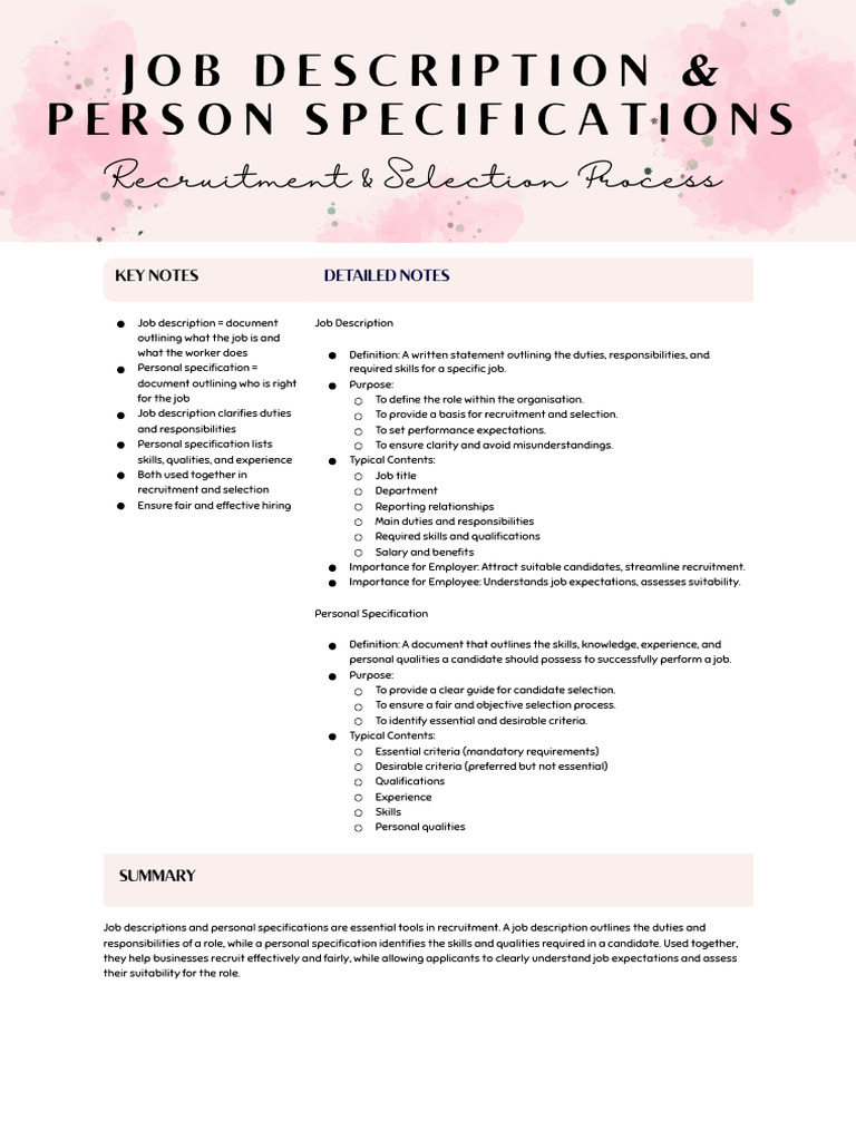 Cornell Note Taking Business (Job Description and Person Specification ...