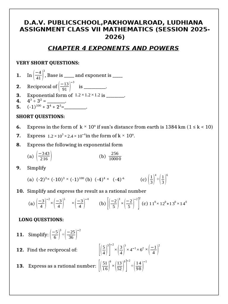 Ch-4 Exponents Ans Powers 7 Maths 2025-26 | PDF | Chess Theory | Chess