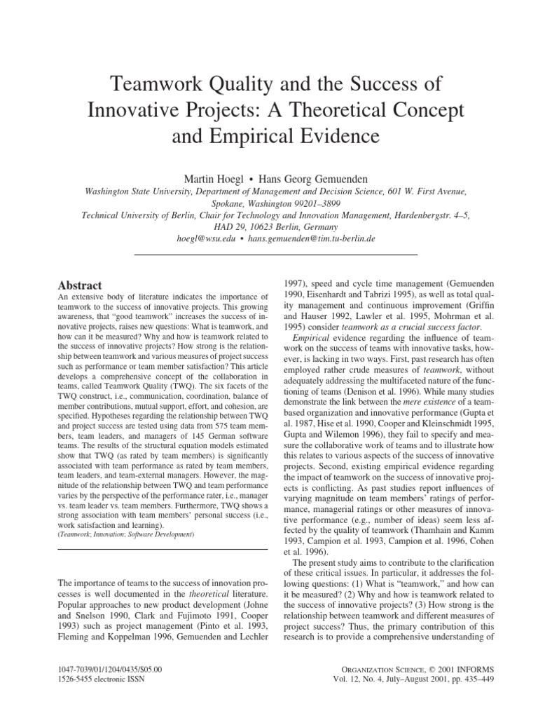 Teamwork Quality and the Success of Innovative Pro | PDF | Factor Analysis