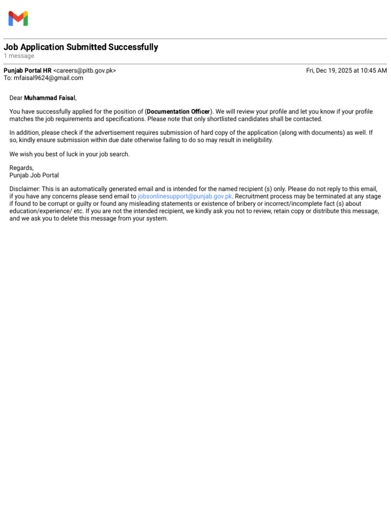 Gmail - Job Application Submitted Successfully | PDF