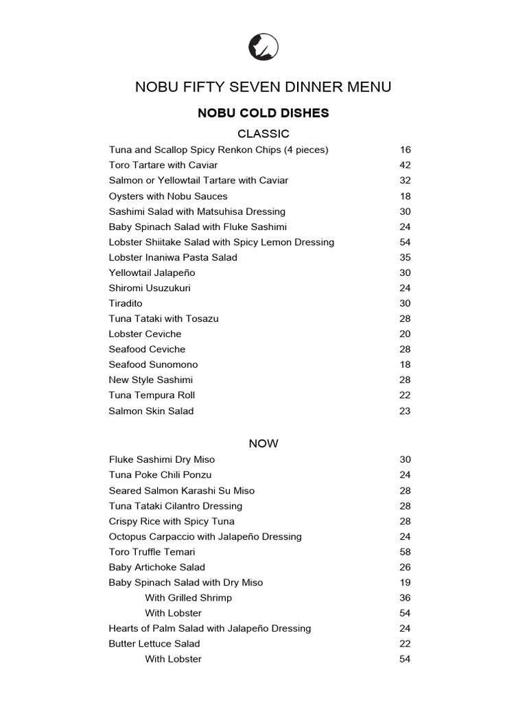 Nobu Fifty Seven Dinner Menu | PDF | Sushi | Salad